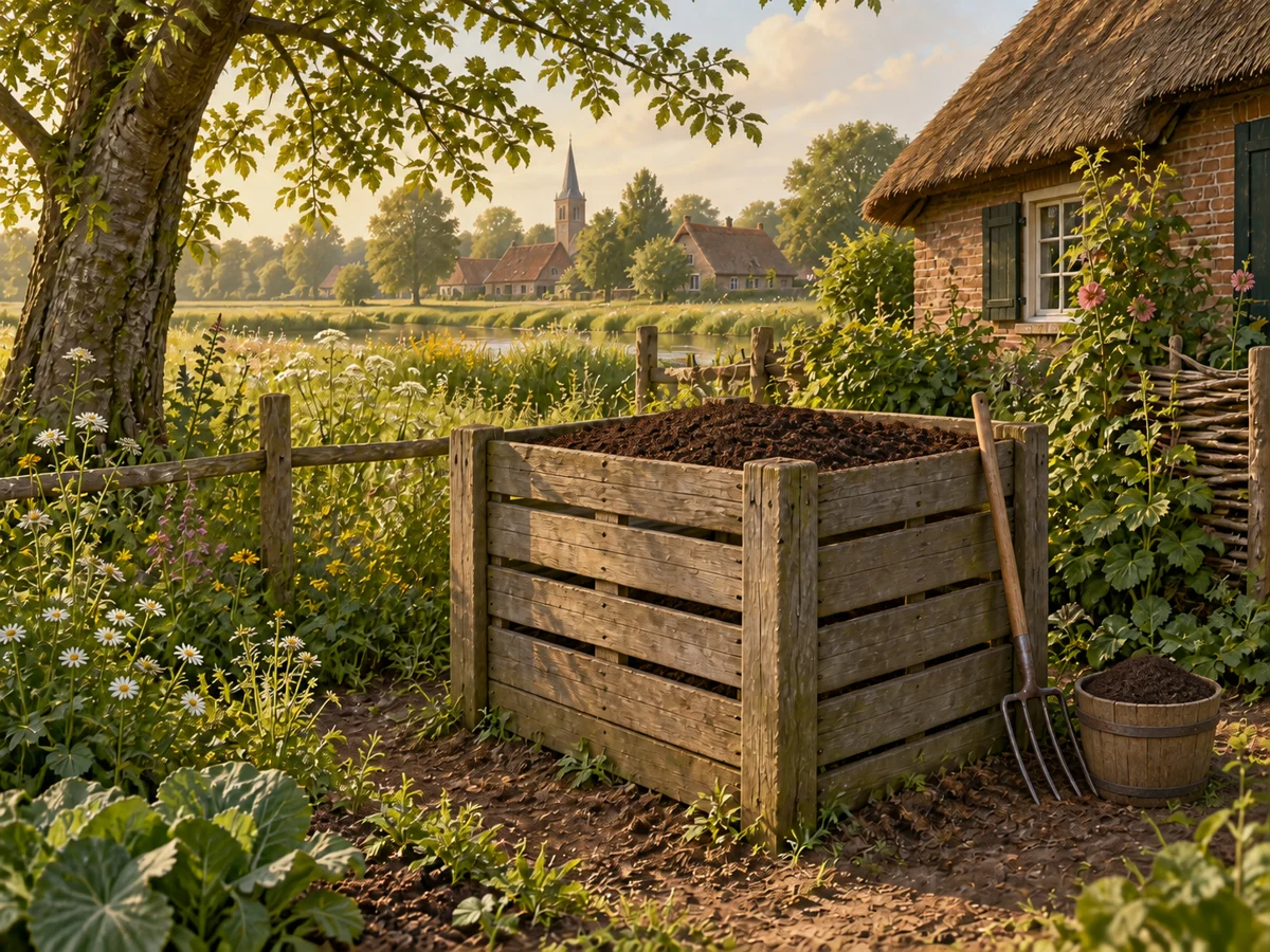 Een houten compostbak met rijpe compost